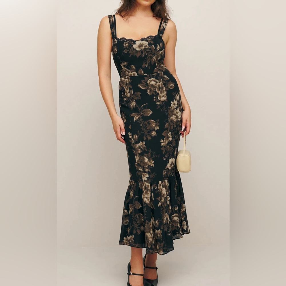Reformation Irisa Black and Brown Floral Dress